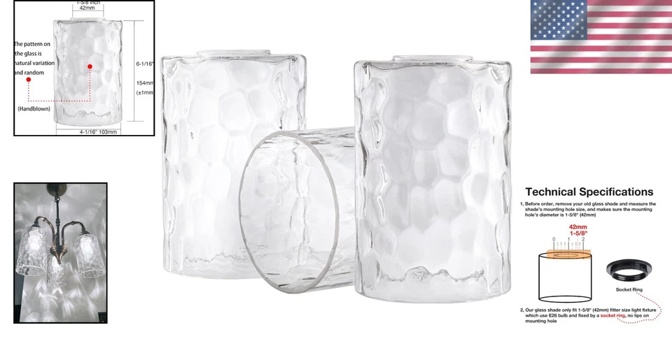Pacote com 3 abajures elegantes de vidro transparente martelado para designs modernos de iluminação - Imagem 2 de 4