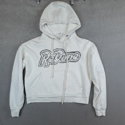 RE/DONE Hoodie Sweatshirt Doll Stud Embellish White Crop Distressed Size XS USA