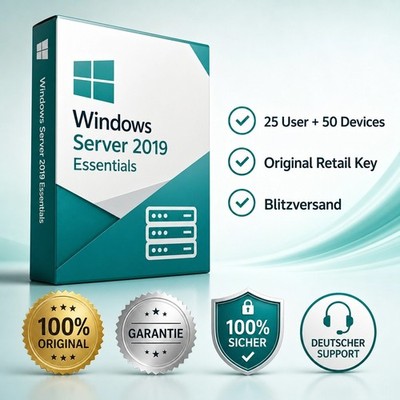 Windows Server 2019 Essentials Retail 25 User / 50 Geräte | 2 Aktivierungen