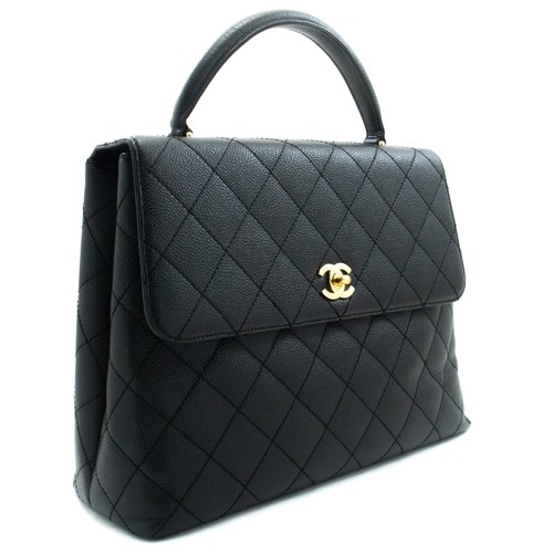 an4 CHANEL Authentic Grained Calfskin Handbag Top Handle Bag Kelly Black Flap