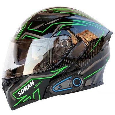 DOT Black Green Motorcycle Bluetooth Modular Flip Up Full Face Helmet Intercom