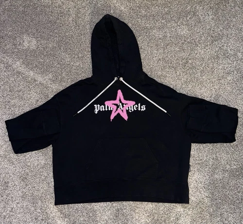 Felpa con cappuccio uomo Palm Angels nera e rosa vernice spray stella taglia XL 100% autentica