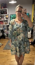 H&M Green Floral puff 3/4 sleeves smovked round neck Summer Dress Size M