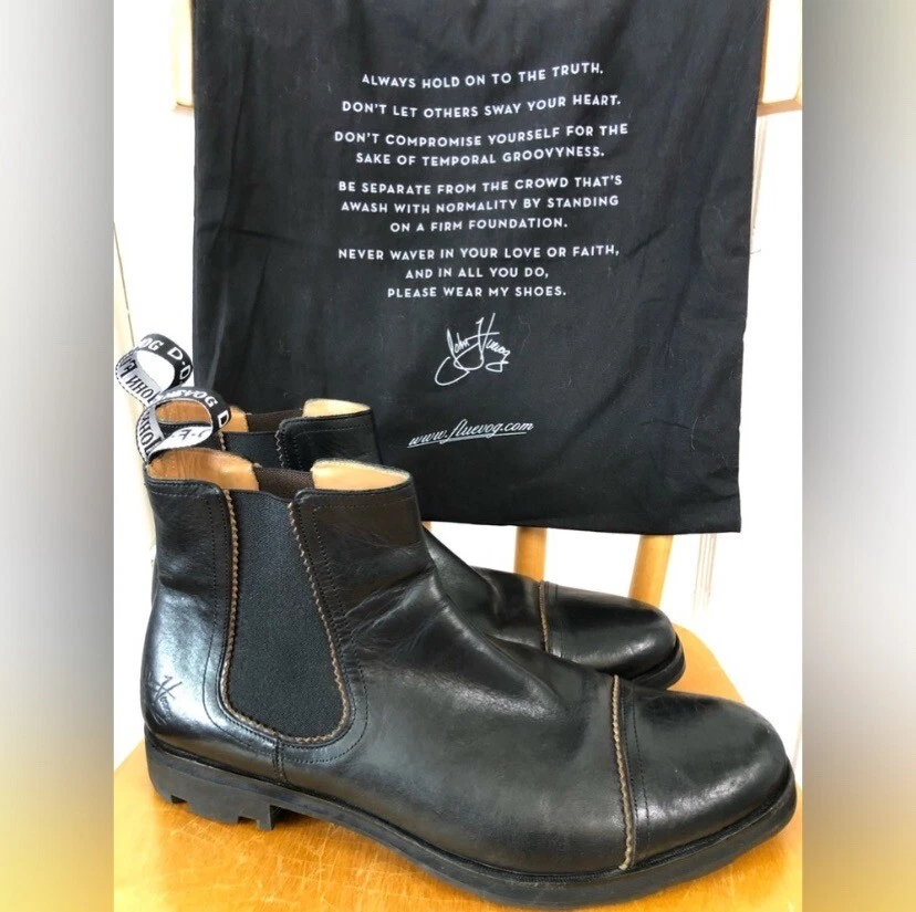 John Fluevog NATHAN Chelsea Boots in Black Leather mens 11.5 with dust bag