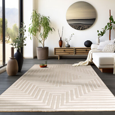 Teppich Wohnzimmer Kurzflor Skandinavische Stil Teppich Beige Einfarbig 3D Optik