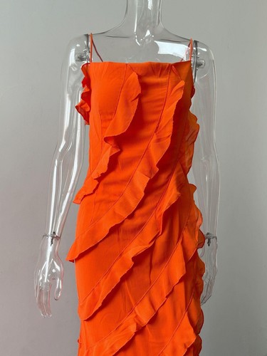 Women Orange Layered Ruffle Split Off Shoulder Long Soft Slip Cocktail Dress - Picture 7 of 20