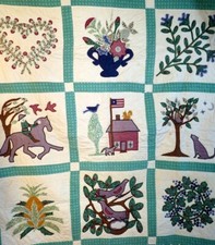 Vintage 56" x 56" Hand Stitched Applique Wall Quilt Animals, Flowers, Tree