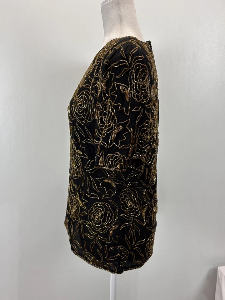 Blusa Camisa De Colección Stenay Lentejuelas Talla Mediana Para Mujer Negra Dorada Rosas Floral Años 80 Foto 2 de 4