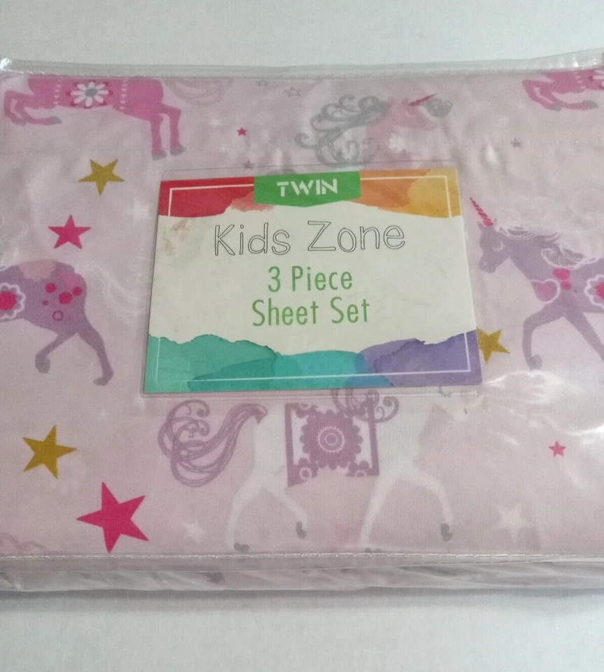 Unicorn Twin Sheets 3 Piece Pink Purple Flat Fitted Pillowcase Girls Bedding - Image 3 of 4