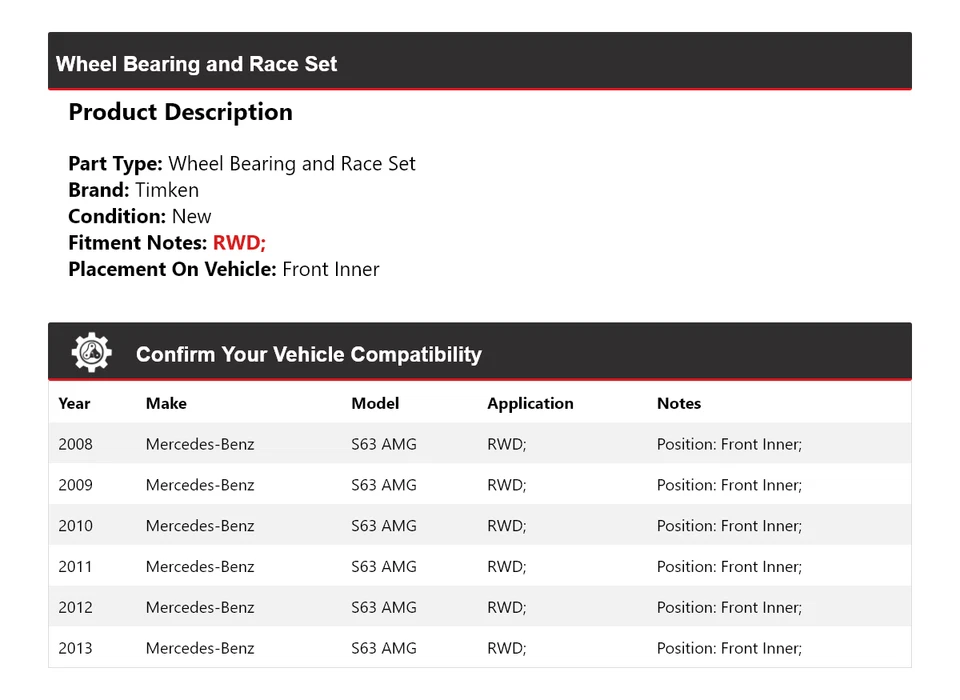 Juego de cojinetes de rueda y carreras delantero interior Timken para Mercedes-Benz S63 AMG 2008-13 Foto 2 de 4