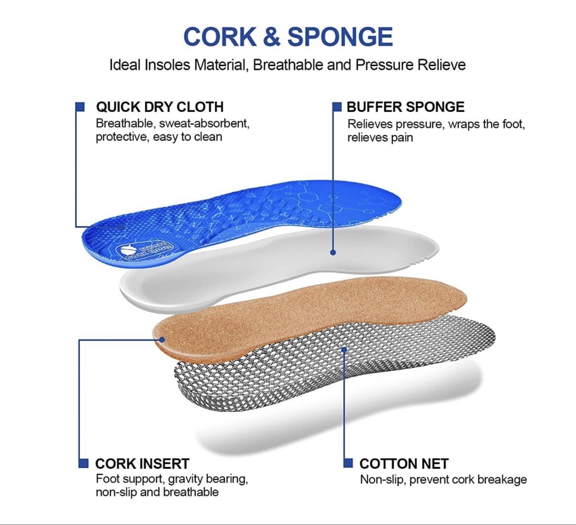 Arch Support Cork Shoe Insoles Unisex Orthotics.Size Mens 8 / Womens 10