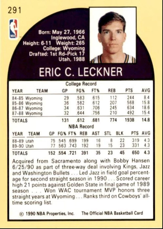 1990-91 Hoops Basketball Card Eric Leckner Utah Jazz #291 - Image 2 of 2