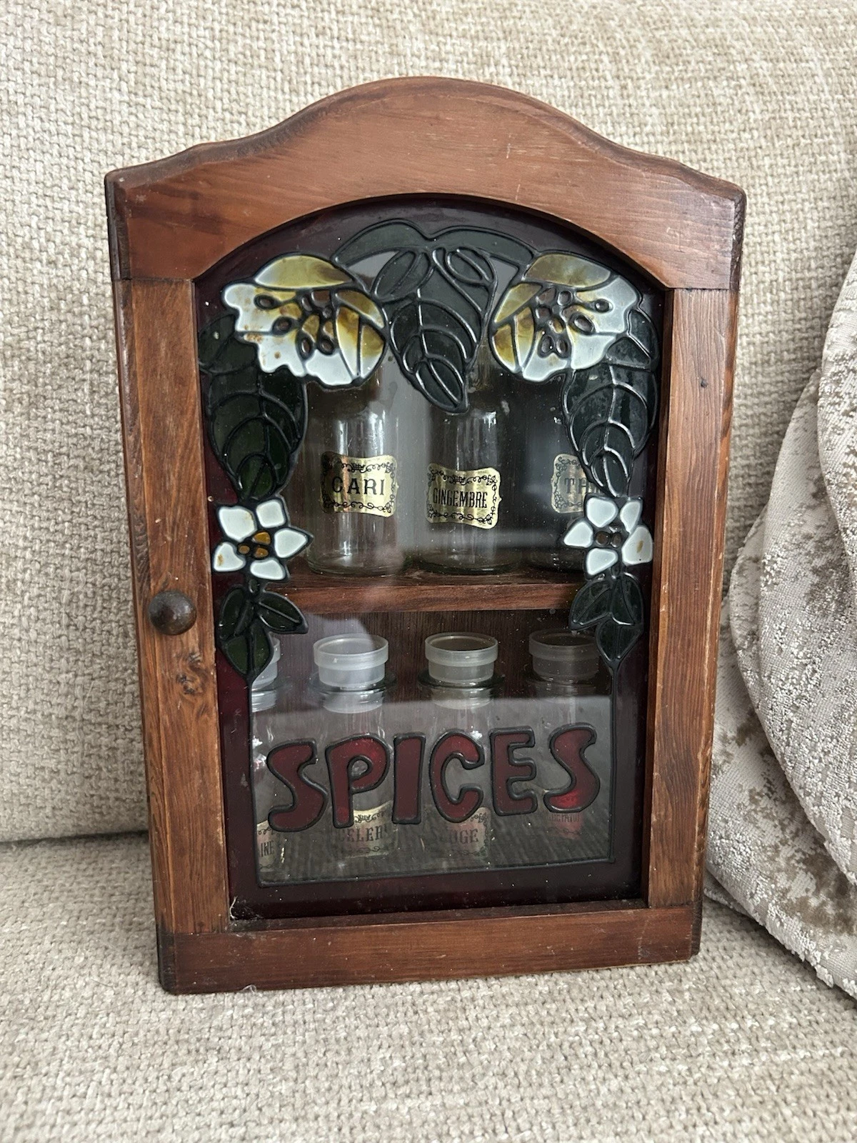 Vintage Wooden Spice Cabinet / Rack with Glass Jars – Floral Glass Door 30x20cm
Opens in a new windo