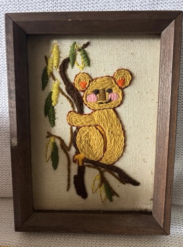 VINTAGE 1970'S CREWEL EMBROIDERY FEATURING A KOALA BEAR ON A BRANCH 6 X 8