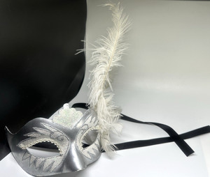 La Maschera Del Galeone Masquerade Mask Venice Italy Silver with White Feathers