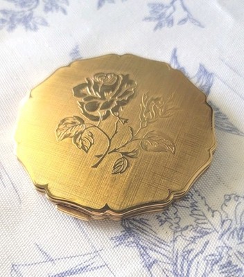 Vintage Stratton Powder Compact Floral Gold Tone With Mirror, Made in England