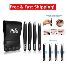 Luxury 4-Piece Professional Tweezers Set - Precision Hair Tools in Leather Case