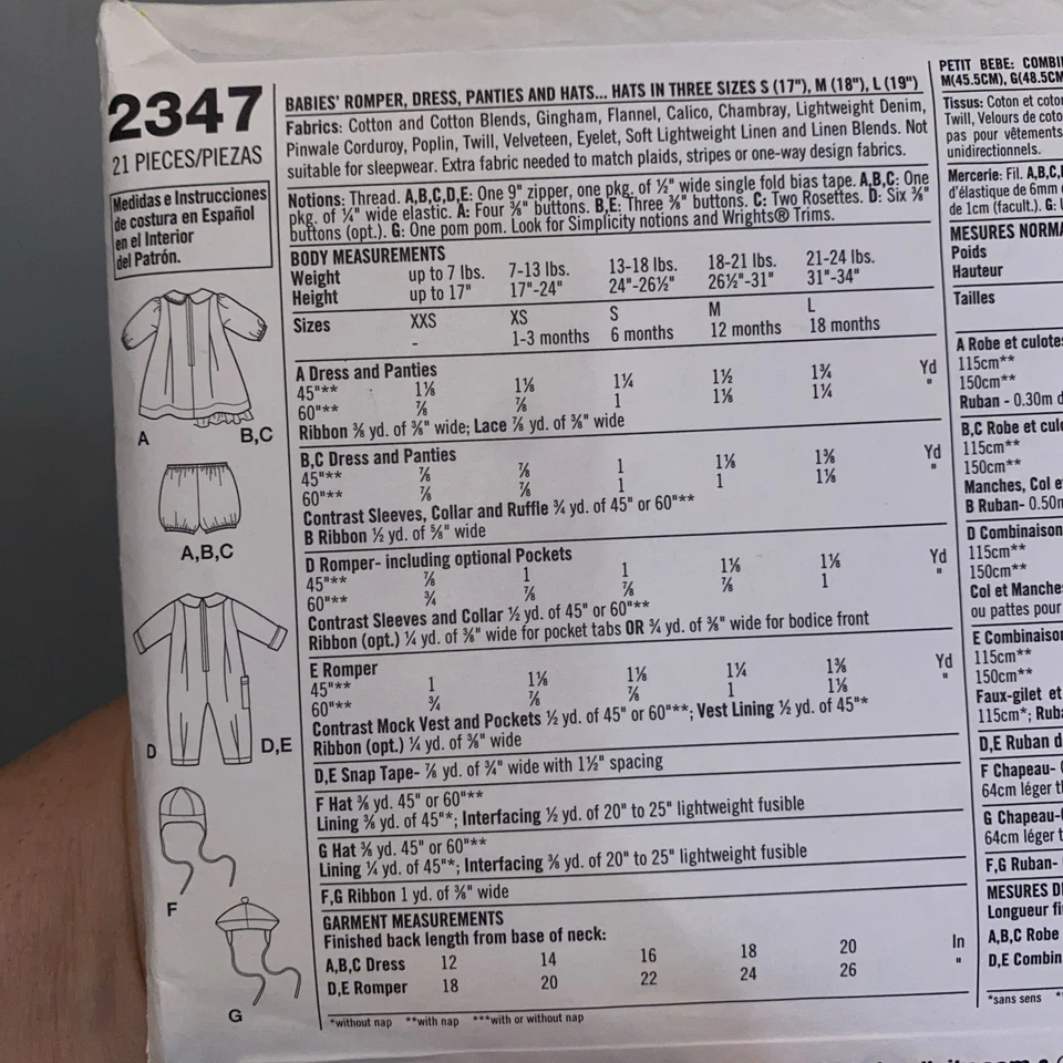 Romper Dress Panties Hat XXS-L Infants Simplicity 2347 Sewing Pattern Holiday - Image 3 of 4