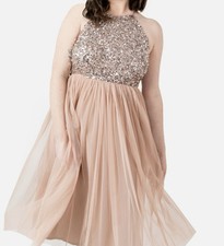 Maya Taupe Blush Embellished Halter Neck Midi Dress Size  20