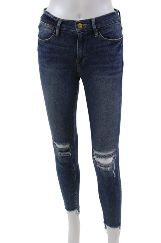 Frame Denim Womens High Rise Distressed Fringe Skinny Jeans Blue Size 25
