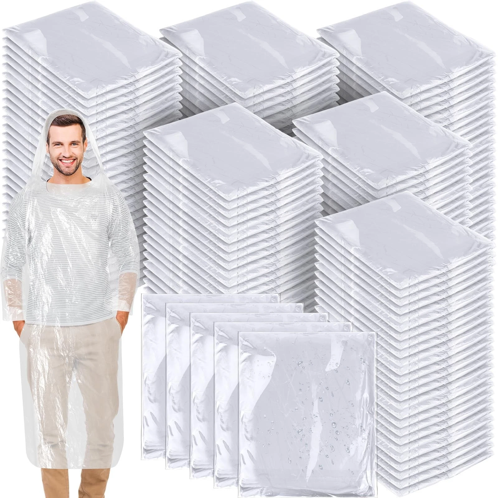 Rain Ponchos Disposable With Hood White 150 Pack Adult Plastic Raincoat
