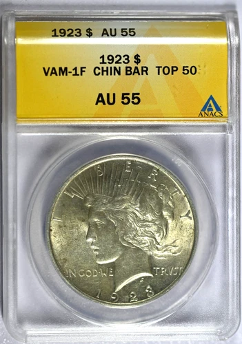 1923 ANACS AU 55 Top 50 VAM-1F Chin Bar Peace Silver Dollar
