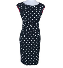 Dress Barn Vintage Black White Polka Dot Ruched Waist Cap Sleeve Midi Dress Sz 4