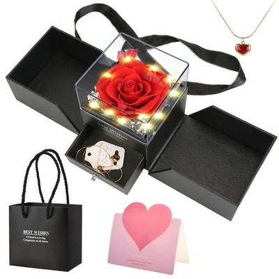1Pc Preserved Red Real Rose With Heart Necklace Eternal Flowers Rose With Golden