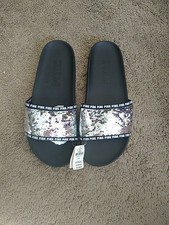 Victoria Secret Pink single strap Silver Sequin bling Logo slides L 9/10 New