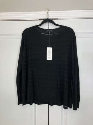 Eileen Fisher Black Linear Viscose Melange Boat Neck Long  Box Top Minimalist Sm