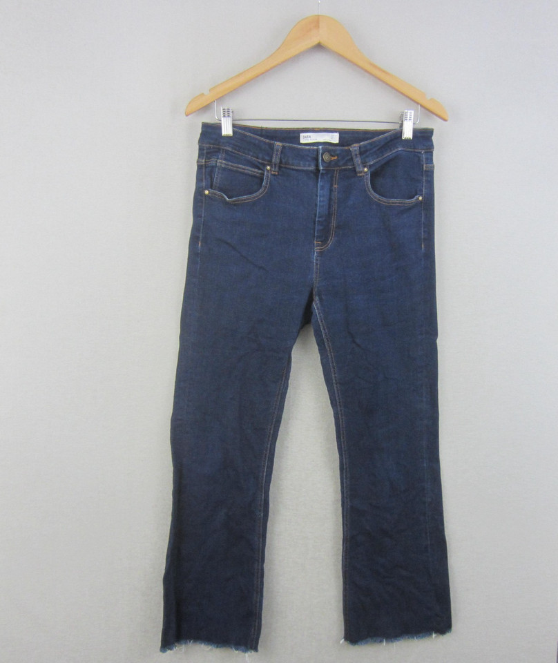 Zara Jeans Womens USA 10 Blue Z1915 Denim Straight Stretch Cropped Raw Hem Boho