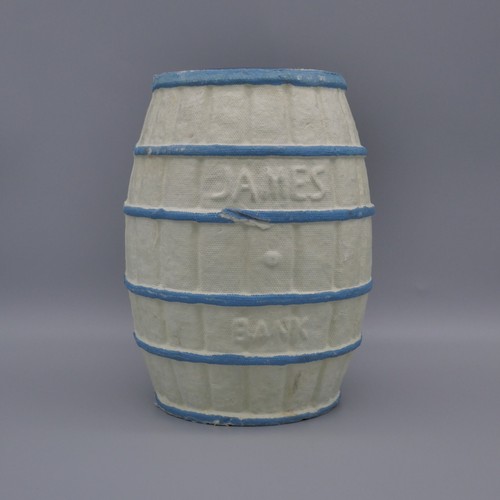 Vintage MCM Circus Clown Barrel Coin Bank James Candy Co Papier Mache Tin Lid 7" - Picture 5 of 15