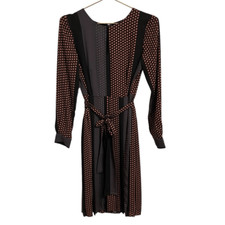 Ann Taylor Mixed Print Paneled Midi Dress Long Sleeve Waist Tie Black Rust 2