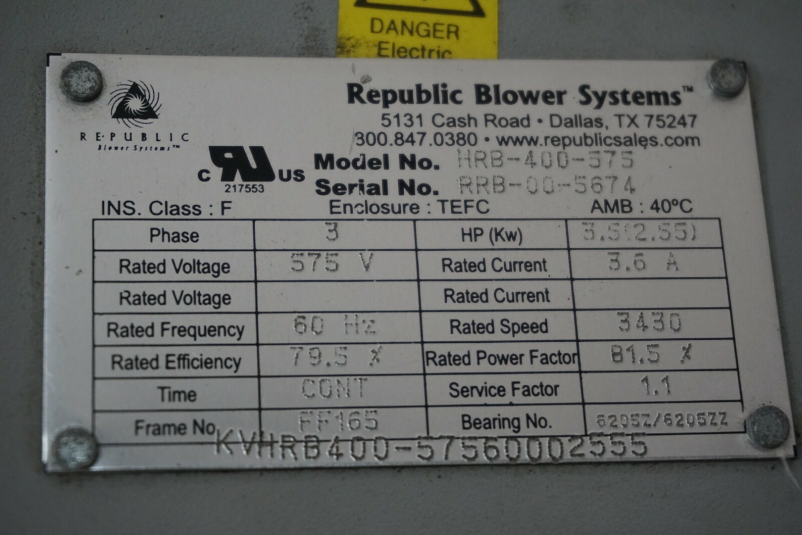 Republic Blower HRB400575 3.5hp 3430rpm 3phase 575v FF165 Frame Ships