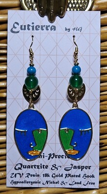 Eutierra Semi-Precious Green Quartzite & Blue/Grn Jasper Earrings Hand Crafted 