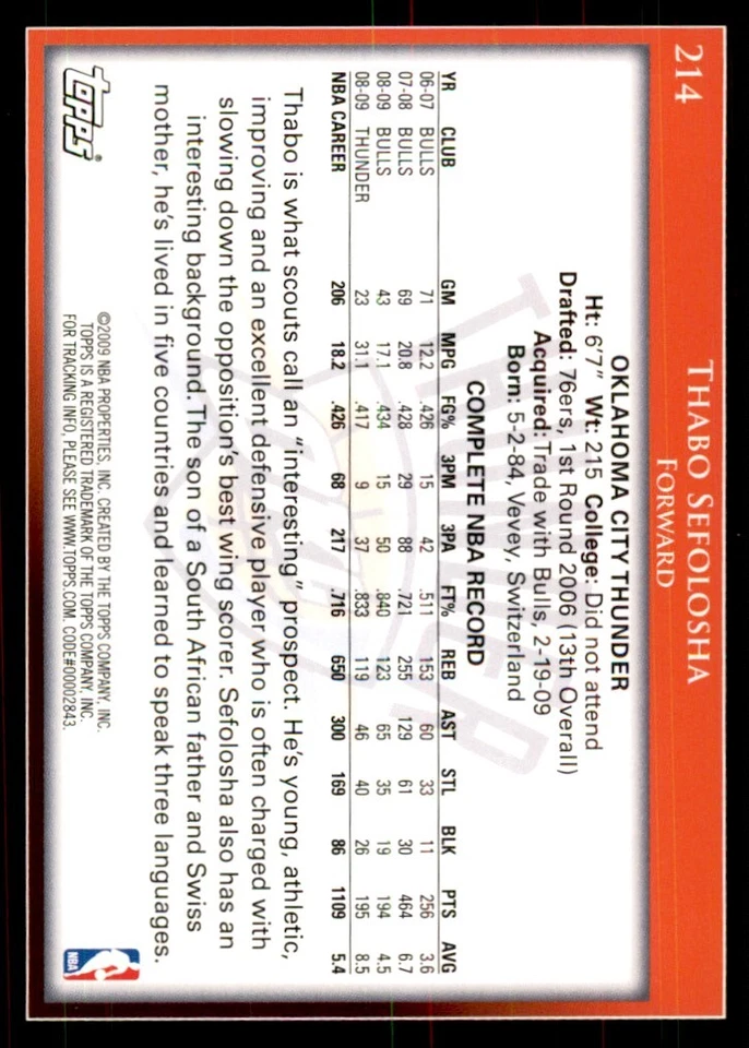 2009-10 Topps Thabo Sefolosha Basketball Cards #214 - Image 2 of 2