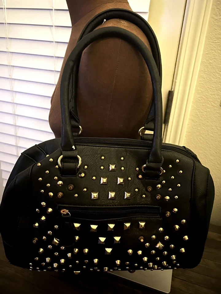 复古设计师 YOKI 大号金色镶嵌黑色人造皮革单肩包手提包 — 第 2/4 张图片