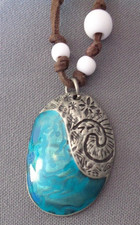 Disney Necklace MOANA Metal Enamel Water Shell Pendant Brown Beaded Leather 20"