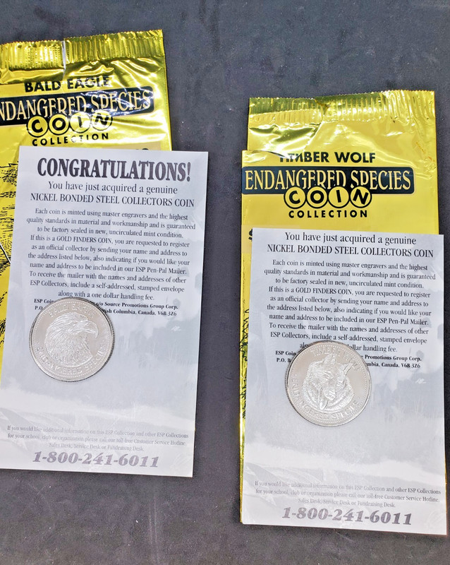 VTG Endangered Species Nickel Bonded Steel Collector Coin Timber Wolf Bald Eagle
