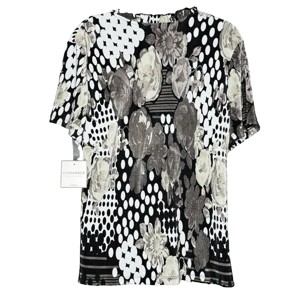 Camisa Sag Harbor 1X Top Gris Flor Floral Cuello Redondo Manga Corta Aspecto en Capas Foto 4 de 4