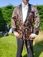 Mens Smoking Jacket Robe Dressing Gown Chinese Satin Black Brocade L XL