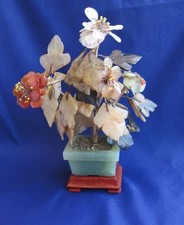 Chinese Jade Bonsai Tree Hardstone Agate Blossoms Celadon Pot Wood Base 10 in