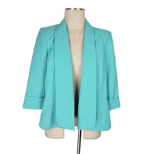 Kasper Blazer Size 14P Light Green Open Front 3/4 Cuffed Sleeve Textured Lined