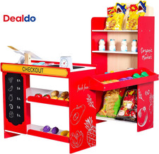 Kids Pretend Play Grocery Store, Wooden Supermarket Toy Set with Shopping Bag, C