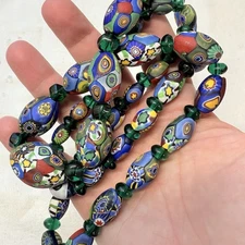 Beautiful Matte Venetian Millefiori Murano Glass Bead Necklace 32" Graduated