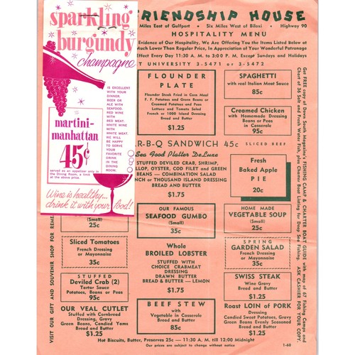 1960 Friendship House Restaurant Menu Biloxi Mississippi AE8