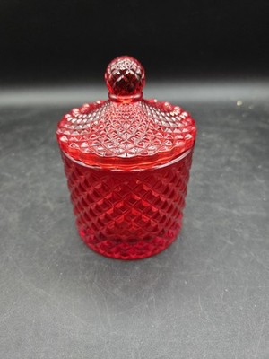 Red Glass Candy Jar with Lid Textured Diamond Glass Vanity Bathroom Decor