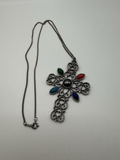 Vintage Avon Silver-Tone Filigree Cross Necklace W/ Faux Stones Gothic Boho 20”