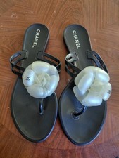 CHANEL Camellia Jelly Sandals Black And White Sz 39 8.5 Usa Womens
