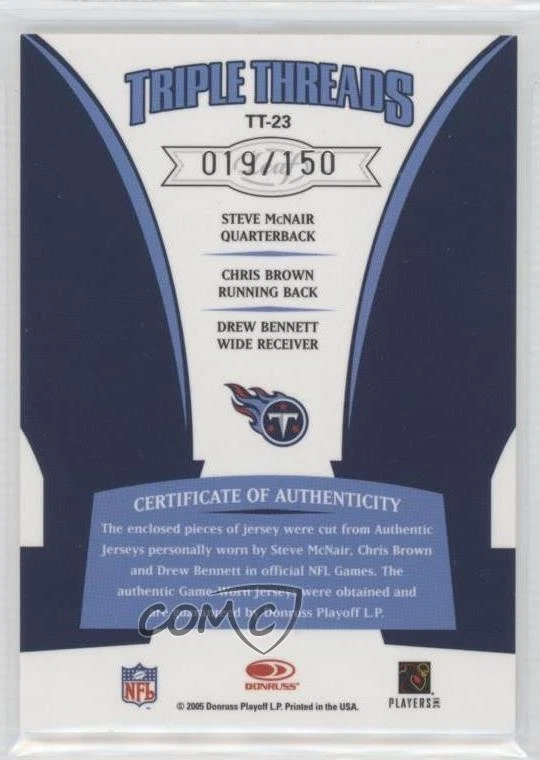 2005 Leaf Rookies & Stars Triple Threads Steve McNair Chris Brown Drew Bennett - Image 2 of 2